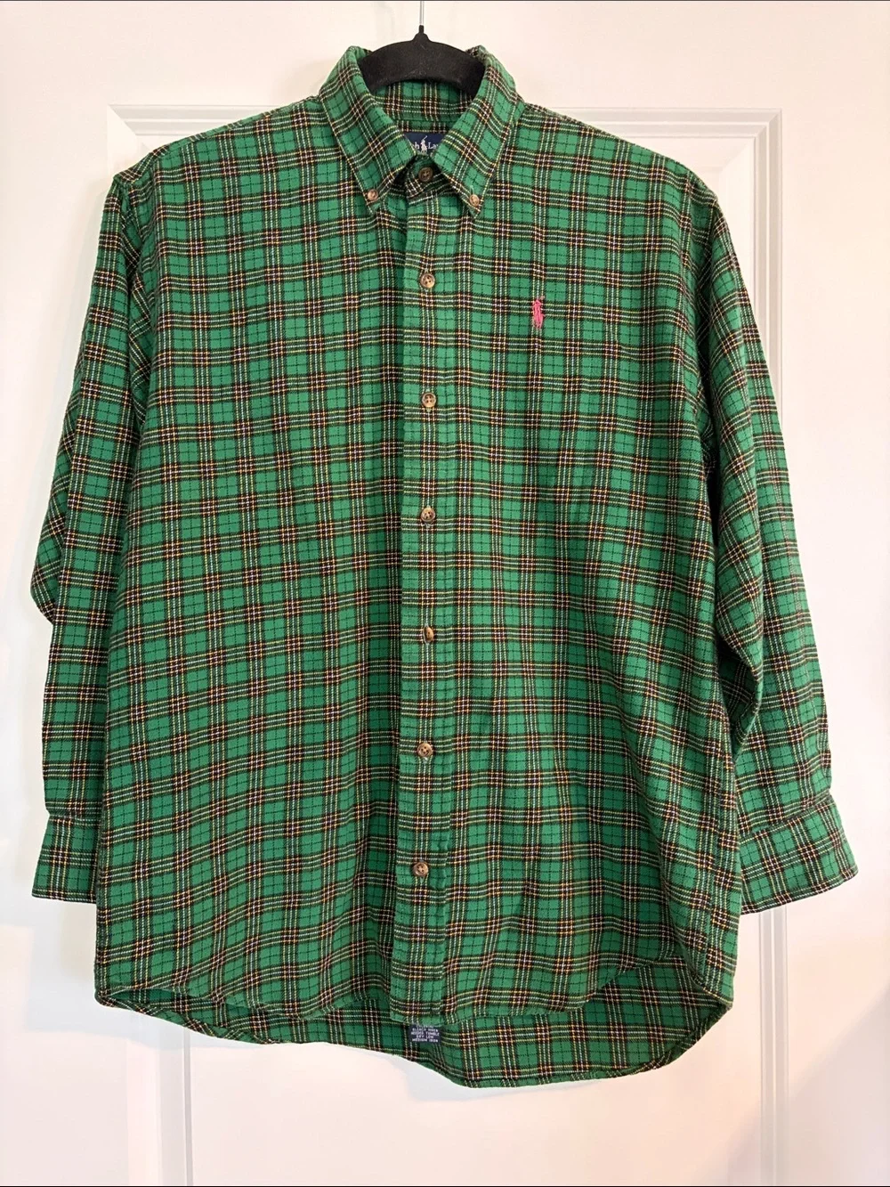 Vintage Ralph Lauren Boys Medium Green Plaid Button Down Shirt 100% Cotton